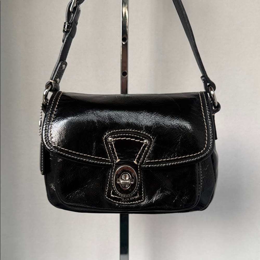 Coach Black Patent Flap Penny Top Handle Pouch F14283